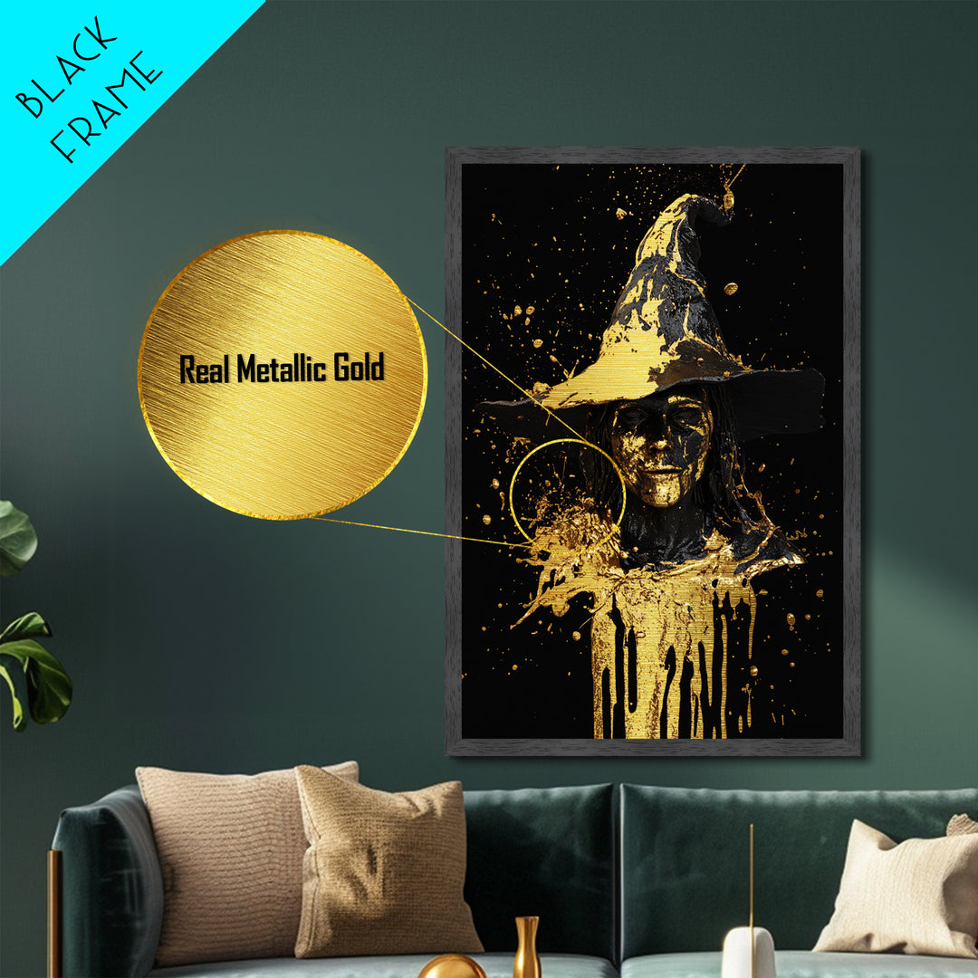 Witch Bust with Dripping Hat in Metallic Gold Art, Spooky Halloween Metal Art with Real Wood Frame, Gothic Witch Wall Decor