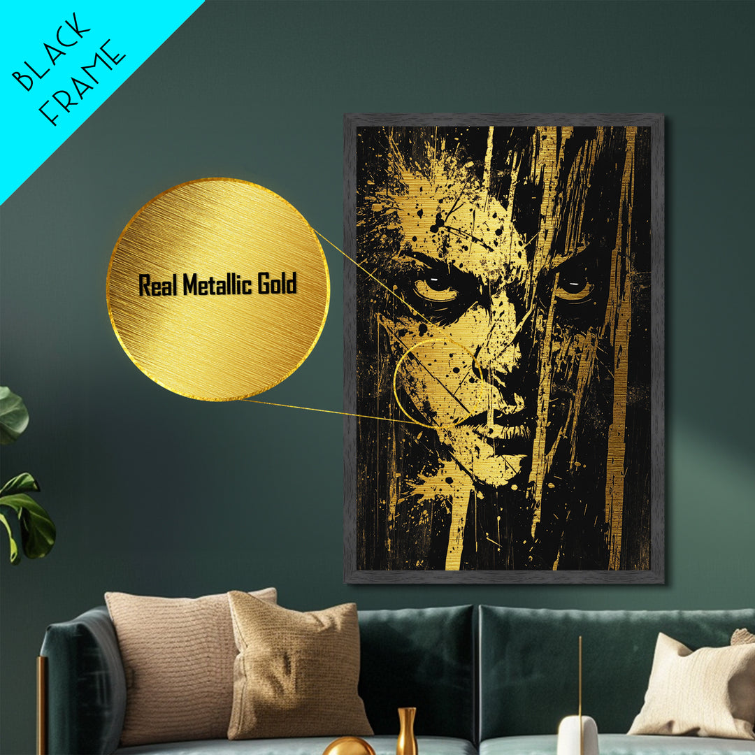 Intense Spooky Face in Splatter Style – Metallic Gold Art, Halloween Metal Art with Real Wood Frame, Gothic Horror Wall Print