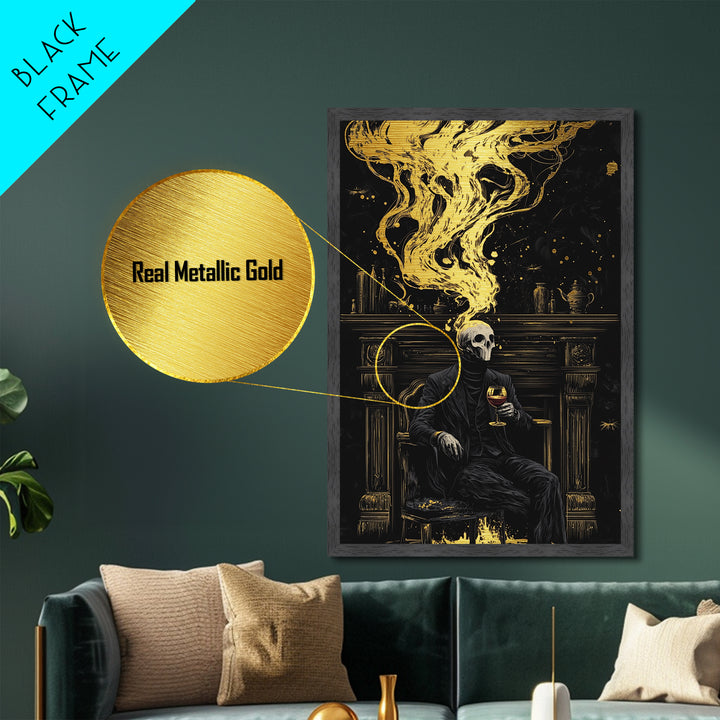 Skull Gentleman Metallic Gold Art, Haunted Gothic Horror Metal Art With Natural Wood Frame, Spooky Halloween Macabre Wall Art