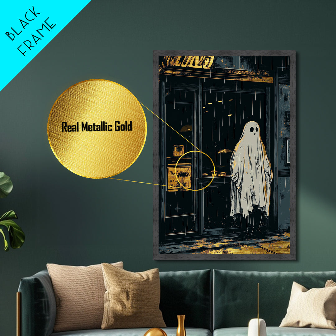 Haunted Ghost in the Rain Metallic Gold Art Metal Art Spooky Season Wall Decor Framed in Natural Wood Gothic Halloween Print