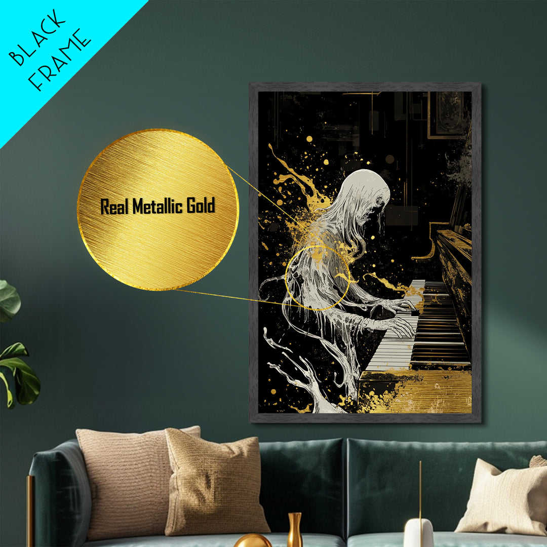 Gothic Spirit Playing Piano Metallic Gold Art Metal Art Horror Inspired Halloween Wall Decor with Real Wood Frame Creepy Gift