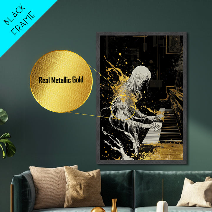 Gothic Spirit Playing Piano Metallic Gold Art Metal Art Horror Inspired Halloween Wall Decor with Real Wood Frame Creepy Gift