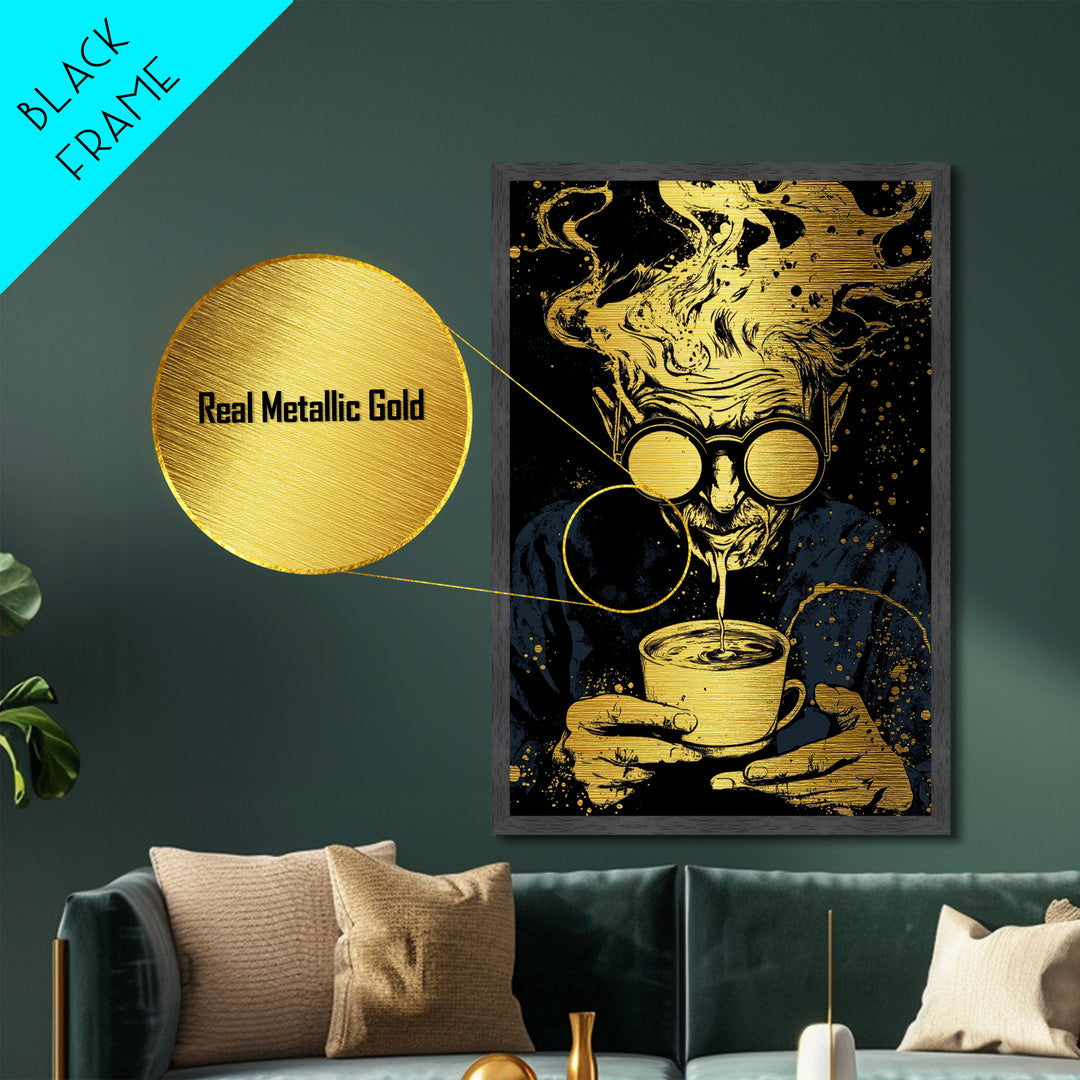 Witchy Coffee Alchemist Metallic Gold Art Metal Art Spooky Halloween Wall Decor in Real Wood Frame Gothic Kitchen Wall Hanging