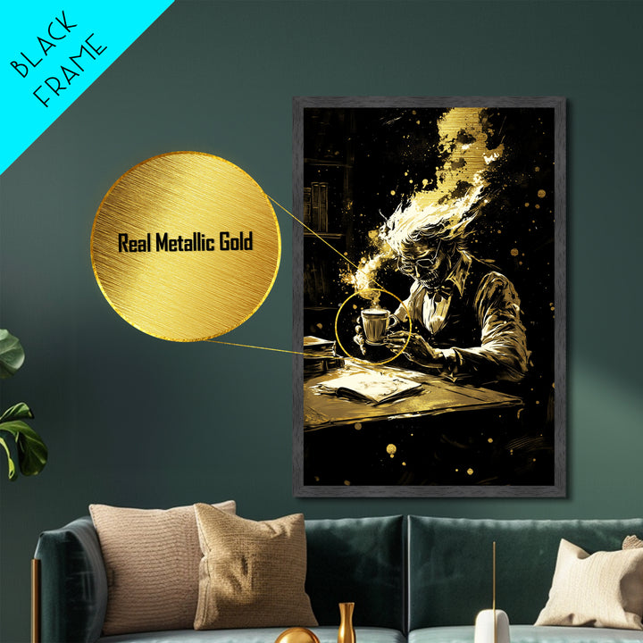 Dark Academia Coffee Skeleton Metallic Gold Art Metal Art Haunted Gothic Wall Decor Framed in Solid Wood Spooky Season Artwork