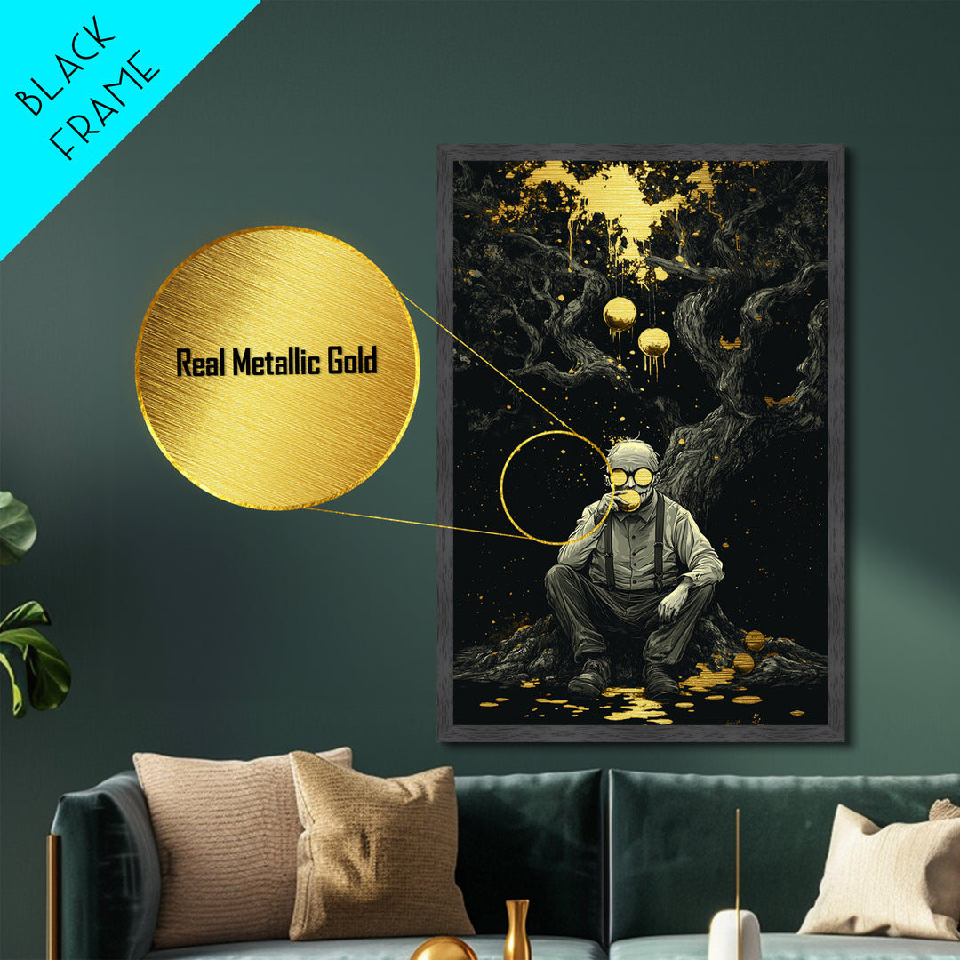 Creepy Orange Grove Metallic Gold Art Metal Art Gothic Halloween Wall Art with Natural Wood Frame Spooky Haunted Forest Print