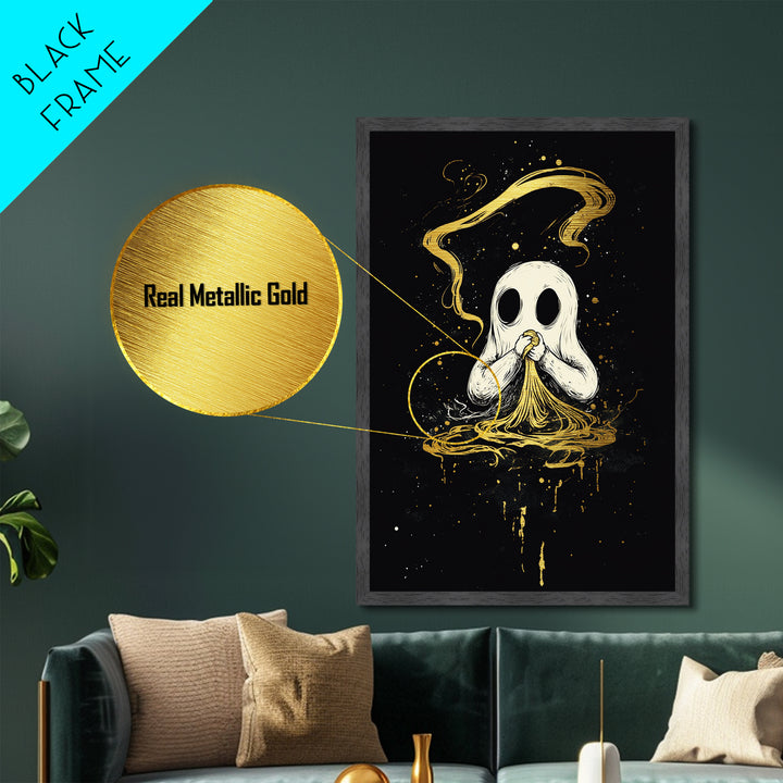 Ghost Eating Pasta Metallic Gold Art Metal Art Spooky Cute Halloween Wall Decor Framed in Real Wood Haunted Kitchen Wall Print