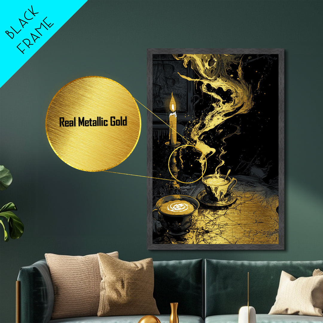 Witchy Candle and Coffee Metallic Gold Art Metal Art Haunted Gothic Wall Art in Real Wood Frame Spooky Season Halloween Decor