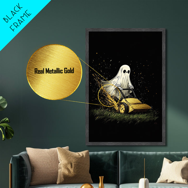 Ghost Mowing the Lawn Metallic Gold Art Metal Art Creepy Cute Halloween Wall Hanging Framed with Natural Wood Spooky Home Print
