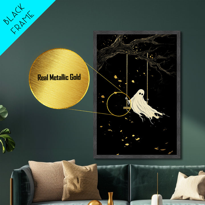 Lonely Ghost on Swing Metallic Gold Art Metal Art Spooky Haunted Wall Decor in Natural Wood Frame Gothic Halloween Season Print