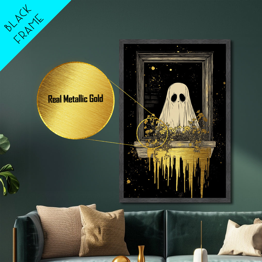 Ghost In Window With Flowers, Metallic Gold Art, Spooky Season Metal Art, Creepy Haunted Wall Print Framed in Natural Wood