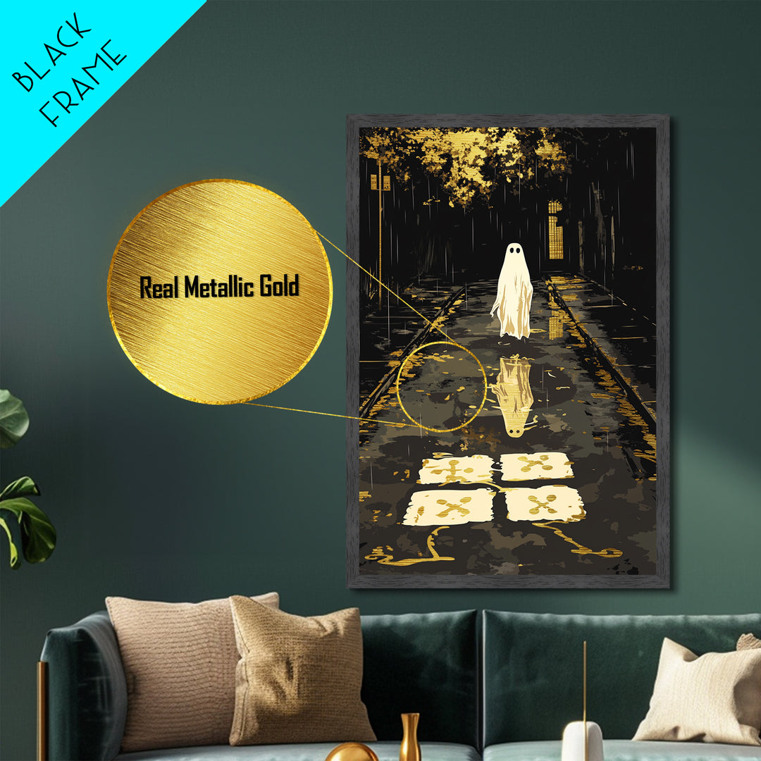 Spooky Ghost Reflection Metallic Gold Art, Haunted Night Metal Art, Halloween Wall Print, Autumn Season Décor in Wood Frame