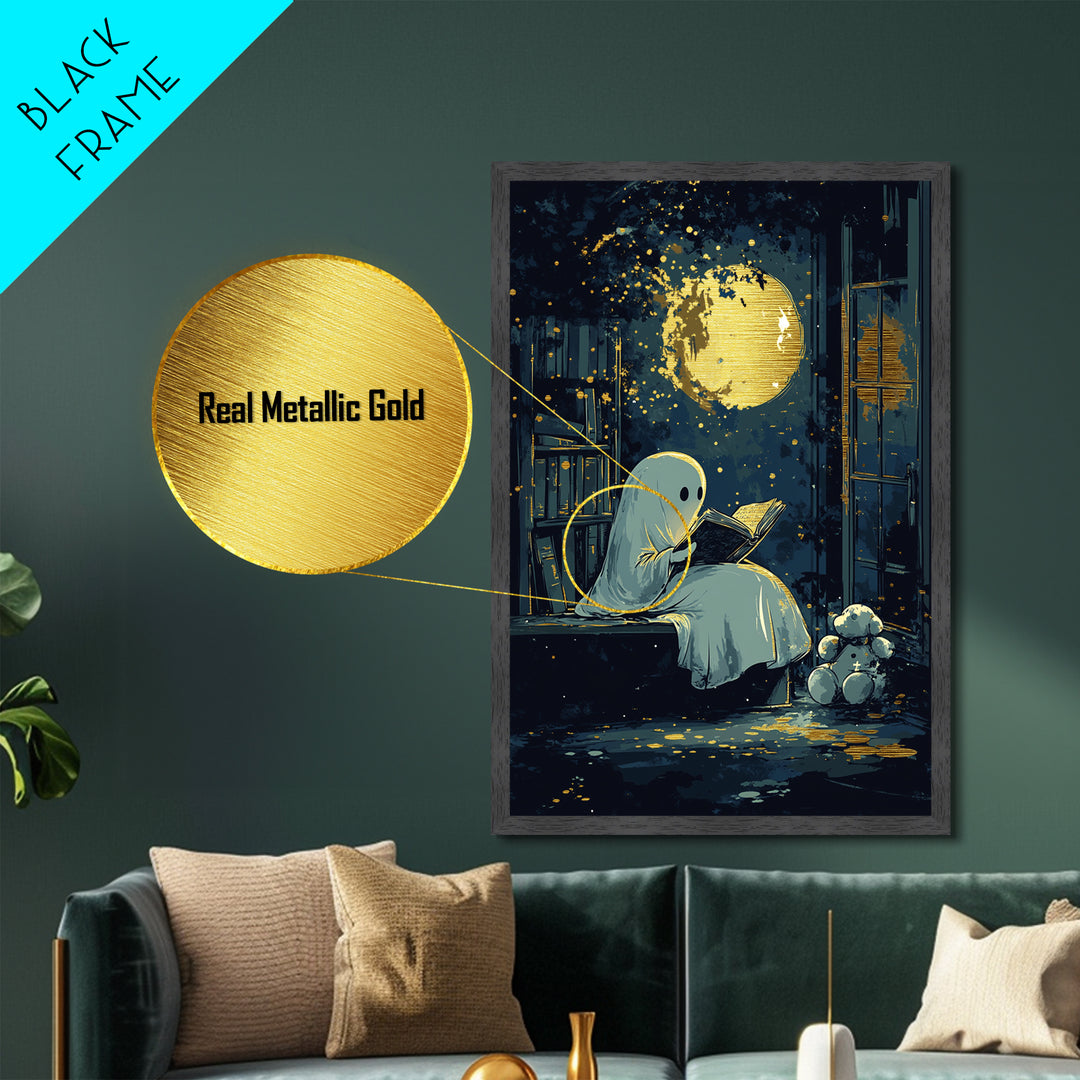 Cute Ghost Reading Under Moon, Metallic Gold Art, Whimsical Spooky Season Metal Art, Halloween Wall Print in Wooden Frame