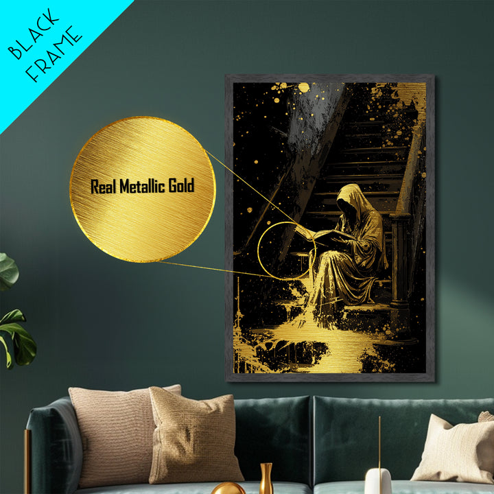 Hooded Reader On Stairs Metallic Gold Art, Haunted Gothic Metal Art, Spooky Horror Season Wall Décor with Real Wood Framing