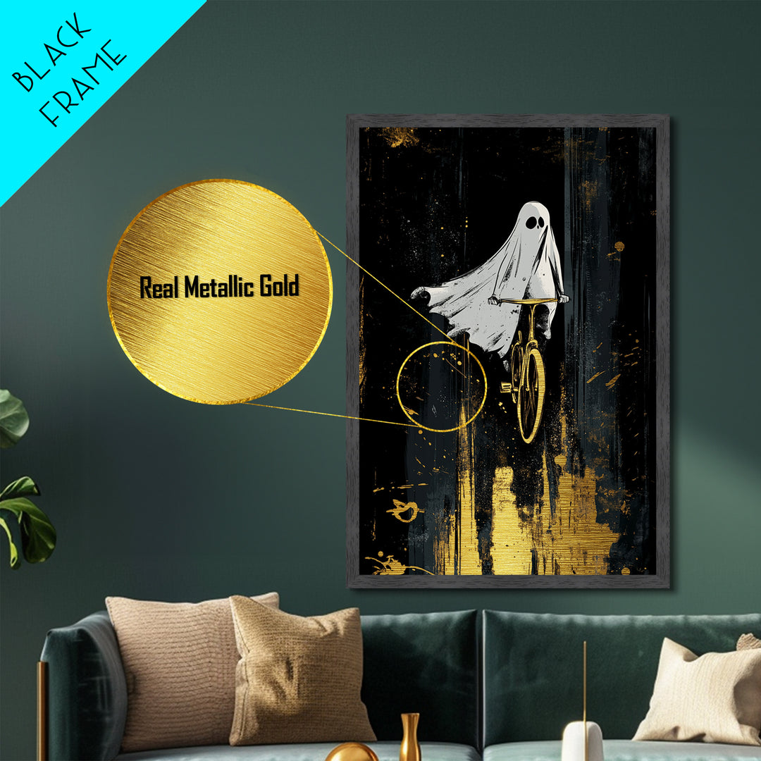 Playful Ghost On Bicycle Metallic Gold Art, Creepy Cute Metal Art, Halloween Haunted Season Wall Print Framed in Natural Wood