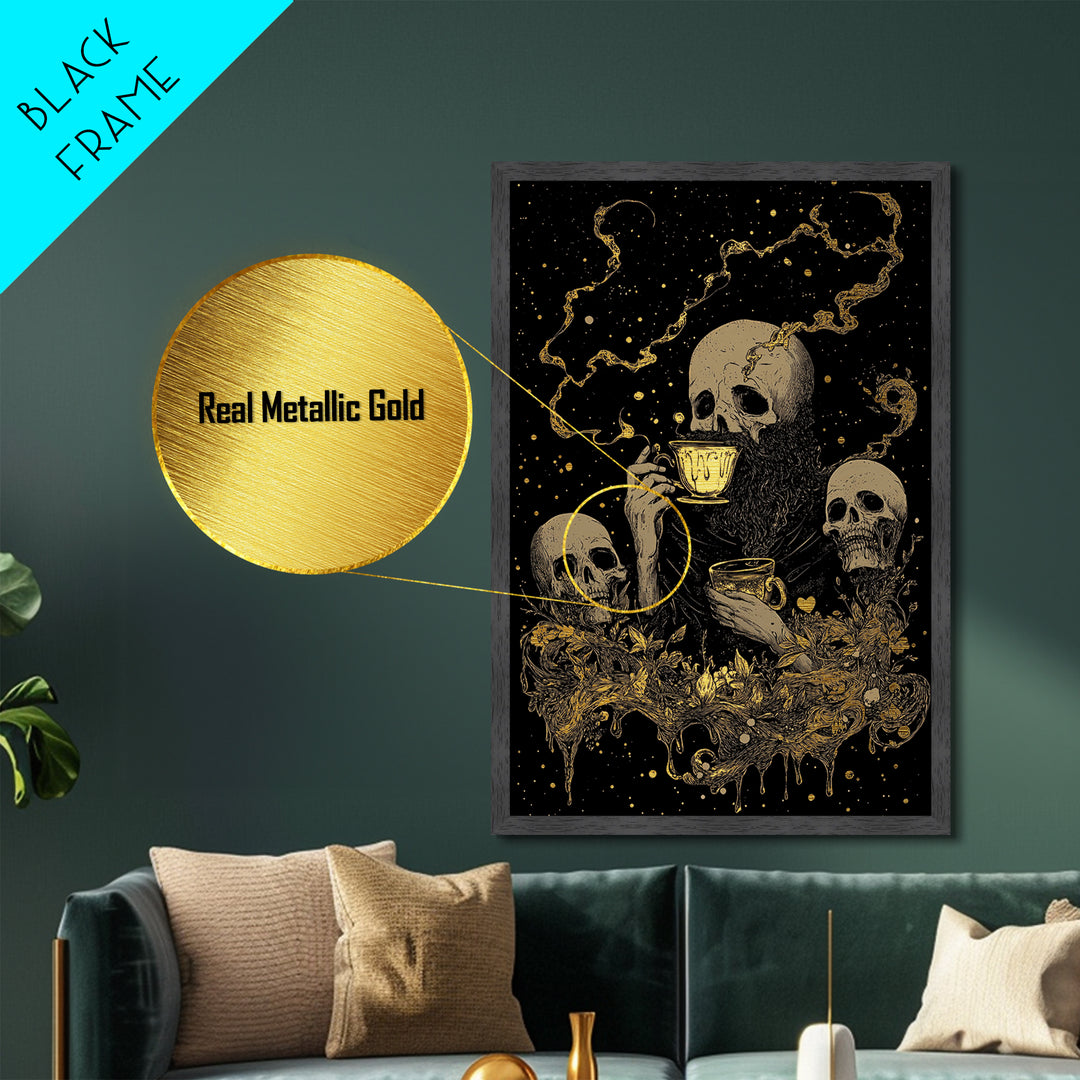 Gothic Skeleton Tea Party Metallic Gold Art | Spooky Skull Metal Art Framed In Natural Wood For Haunted Halloween Decor