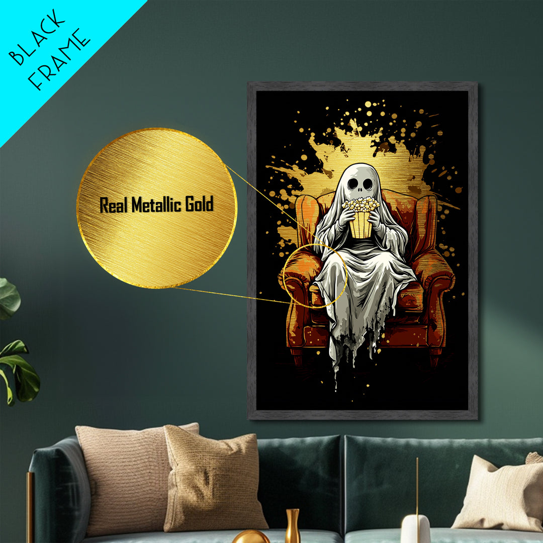 Cozy Ghost On Couch With Popcorn Metallic Gold Art | Spooky Movie Night Metal Art With Real Wood Frame For Halloween