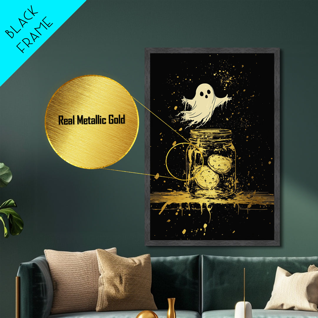 Haunted Cookie Jar Metallic Gold Art | Cute Ghost Metal Art Wall Decor In Rustic Real Wood Frame For Spooky Season