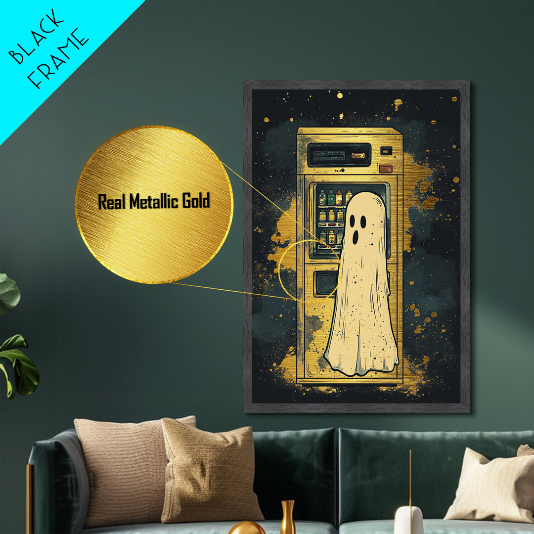 Ghost At Vending Machine Metallic Gold Art | Quirky Haunted Metal Art Spooky Season Wall Hanging In Real Wood Frame