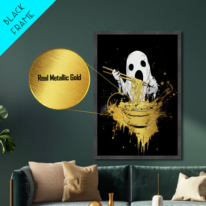 Creepy Ghost Eating Ramen Metallic Gold Art | Haunted Kitchen Metal Art Wall Decor With Real Wood Frame For Halloween