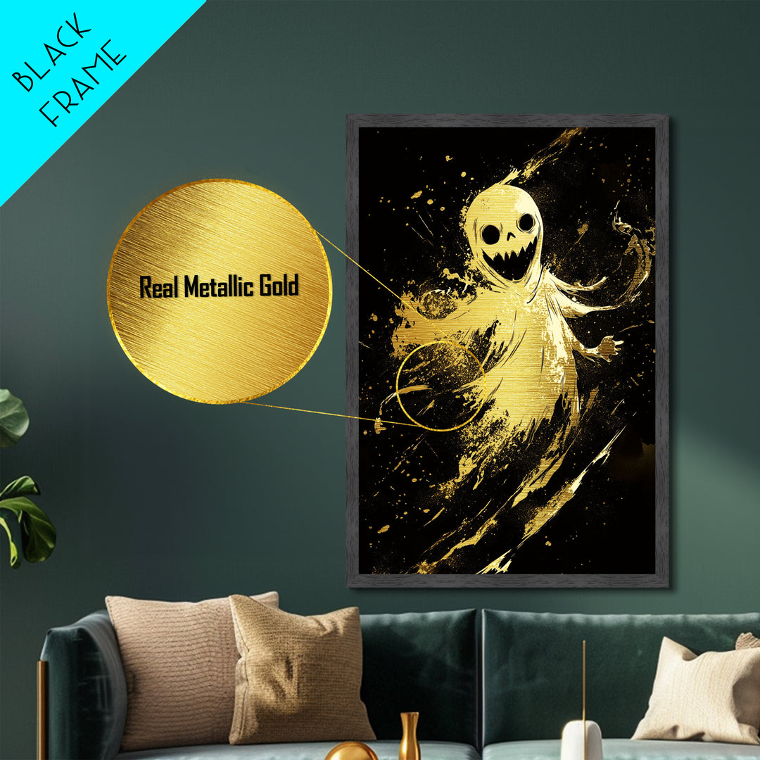 Sinister Smiling Spirit Metallic Gold Art | Horror Ghost Metal Art Framed In Authentic Real Wood For Spooky Season