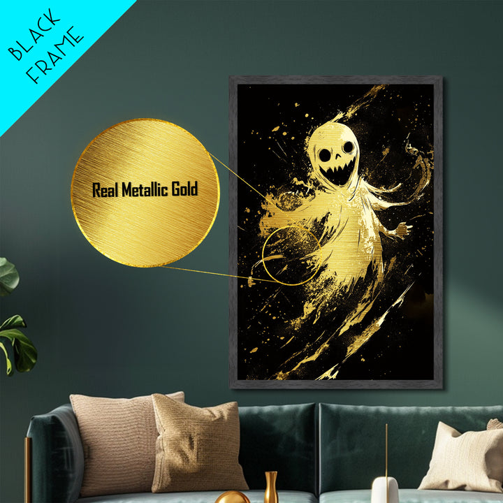 Sinister Smiling Spirit Metallic Gold Art | Horror Ghost Metal Art Framed In Authentic Real Wood For Spooky Season