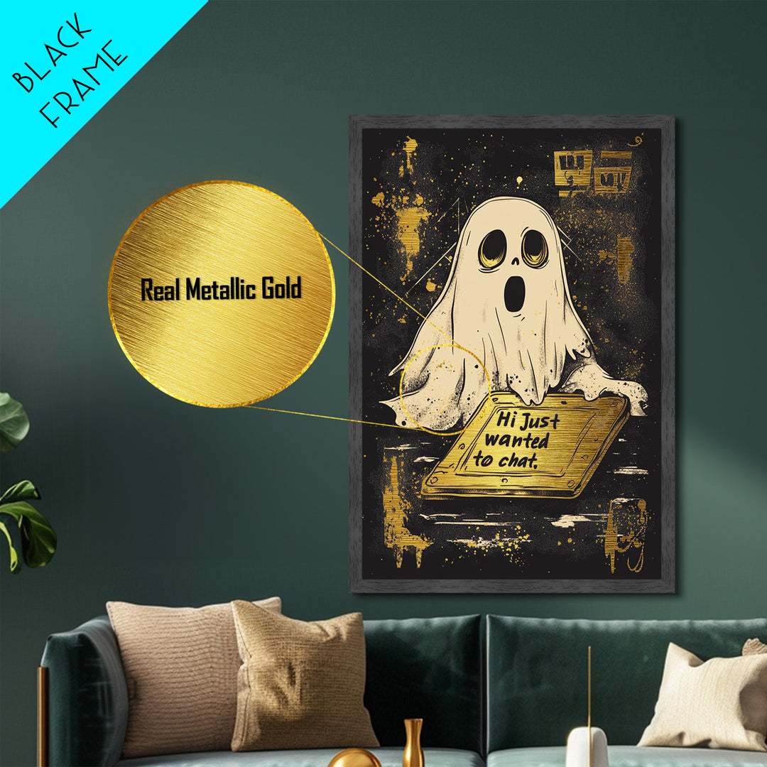 Spooky Ghost Greeting Metallic Gold Art, Gothic Metal Art Wall Décor with Natural Wood Frame for Halloween Haunted Home