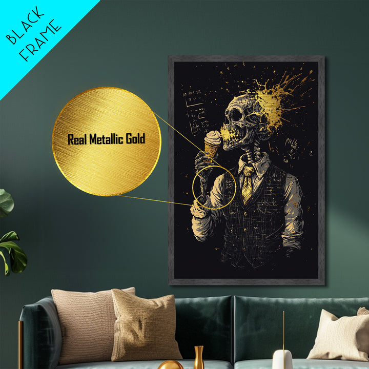 Skeleton with Ice Cream Metallic Gold Art, Creepy Metal Art Illustration Framed in Real Wood, Spooky Season Wall Décor