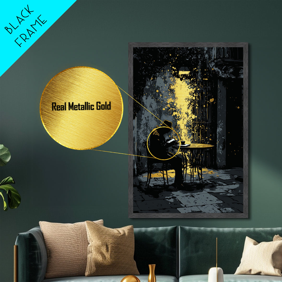 Mysterious Reader in Alley Metallic Gold Art, Spooky Metal Art Scene with Real Wood Framed Gothic Halloween Illustration