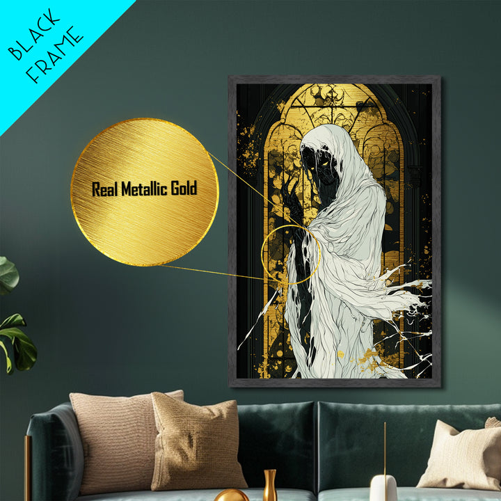 Dark Phantom in Chapel Metallic Gold Art, Gothic Horror Metal Art Print with Handcrafted Wood Frame, Spooky Season Wall