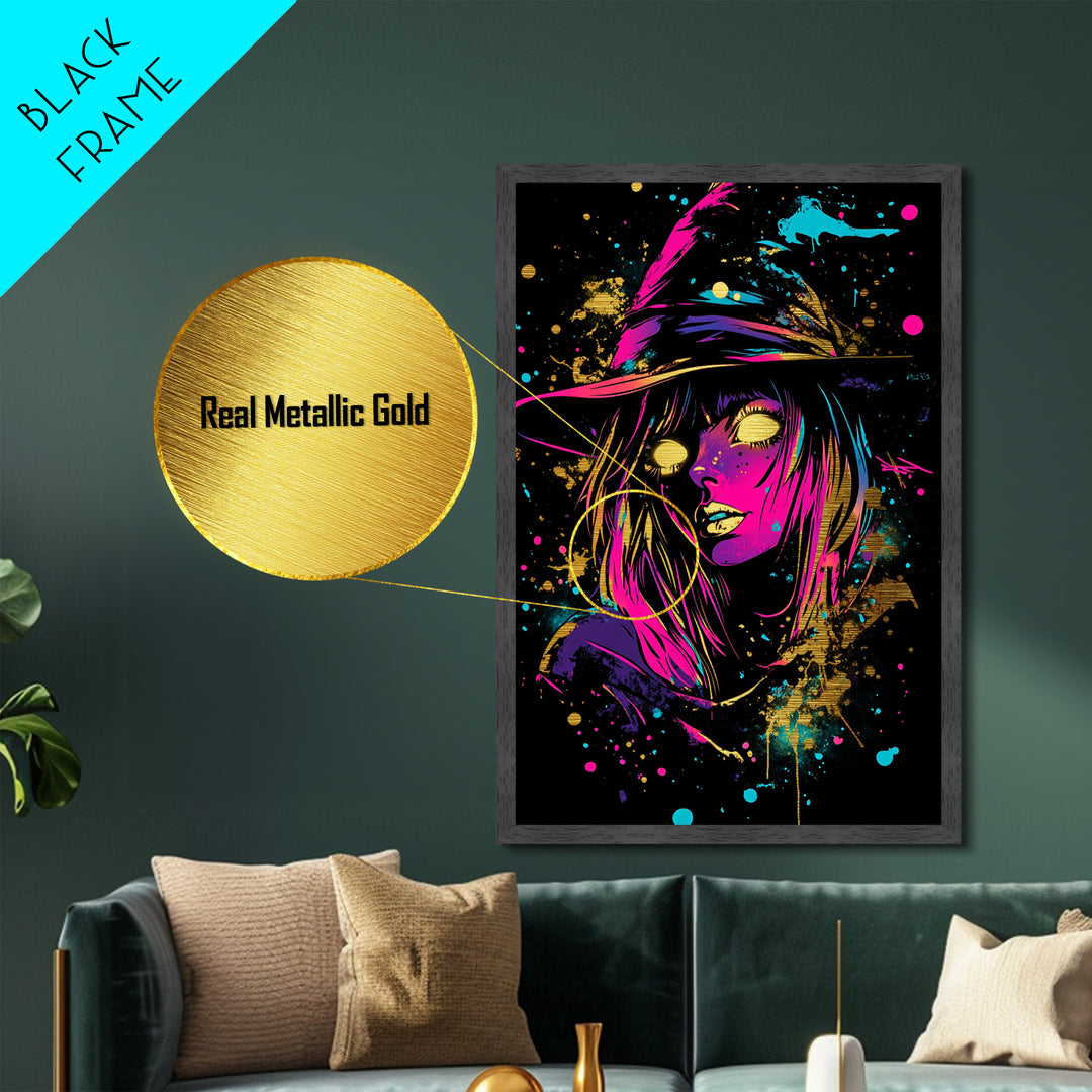 Neon Witch Metallic Gold Art | Vibrant Spooky Halloween Wall Art | Metal Art Glow Effect in Real Wood Frame