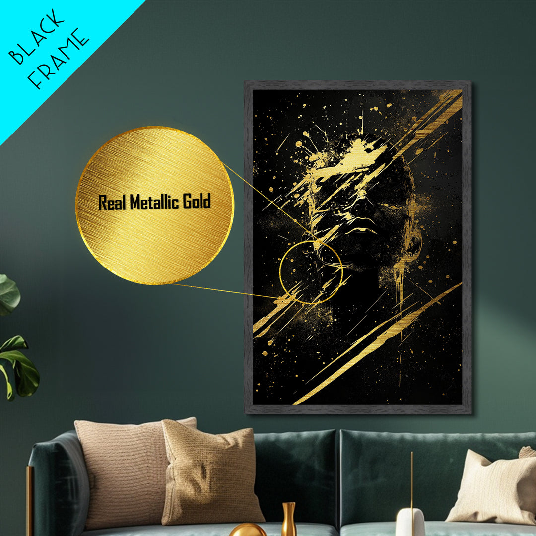 Haunted Silhouette Metallic Gold Art, Dark Gothic Spooky Metal Art Halloween Wall Print, Framed Horror Decor in Natural Wood