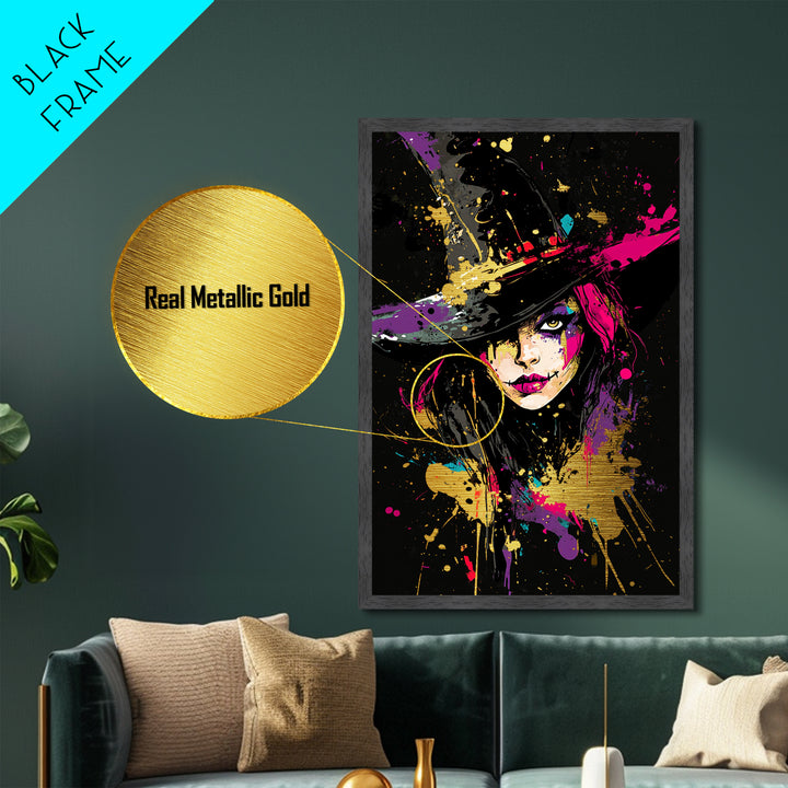 Creepy Witch Face Metallic Gold Art | Spooky Splatter Halloween Wall Decor | Metal Art in Real Wood Frame