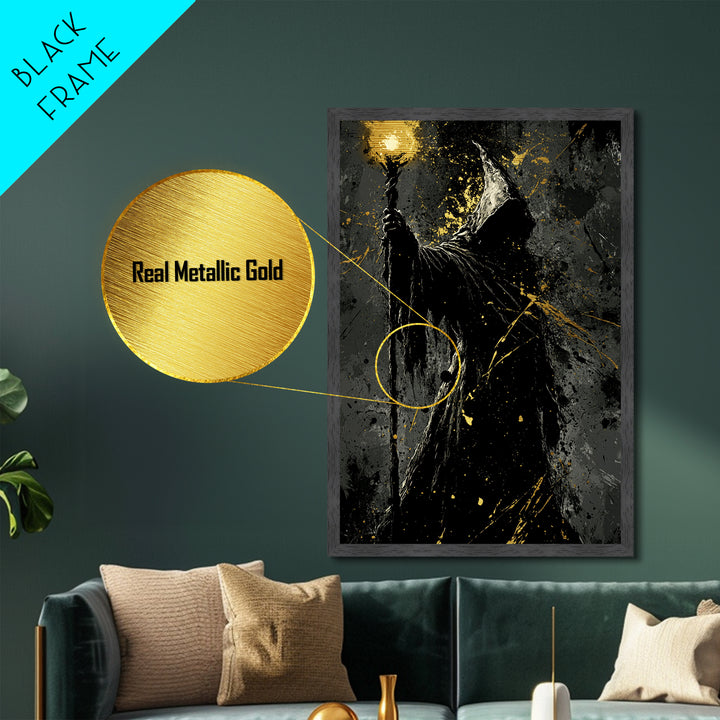 Dark Wizard Silhouette Metal Art – Metallic Gold Art Spooky Gothic Decor, Halloween Wall Print with Real Wood Frame