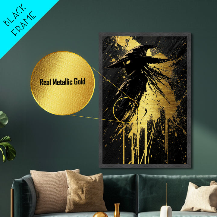Mystical Plague Doctor Mask Metallic Gold Art – Spooky Season Metal Art Gothic Halloween Wall Print, Framed in Authentic Wood
