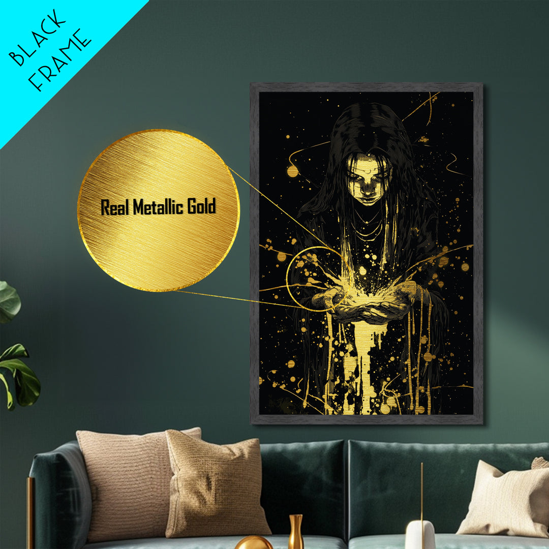 Mystic Sorceress Hands Metallic Gold Art – Halloween Metal Art Print with Glowing Magic, Spooky Wall Hanging in Wood Frame