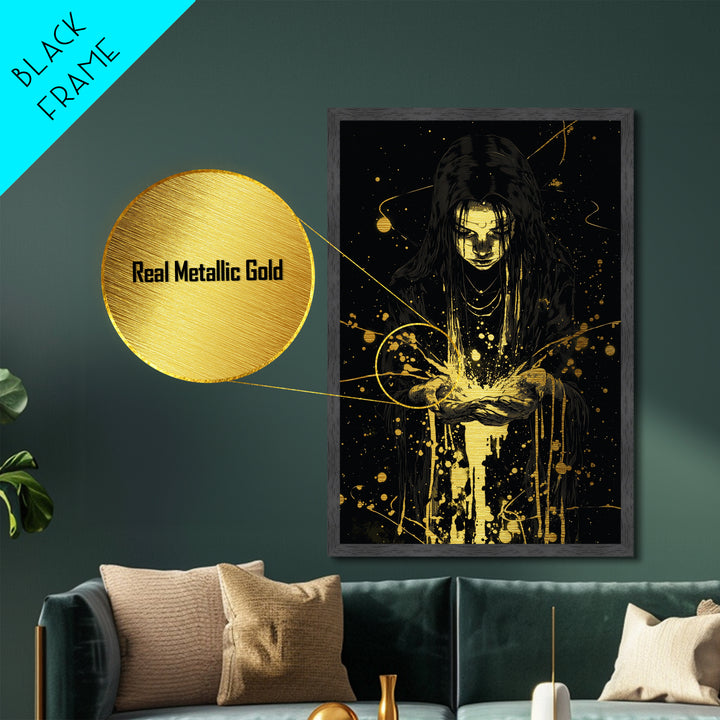 Mystic Sorceress Hands Metallic Gold Art – Halloween Metal Art Print with Glowing Magic, Spooky Wall Hanging in Wood Frame