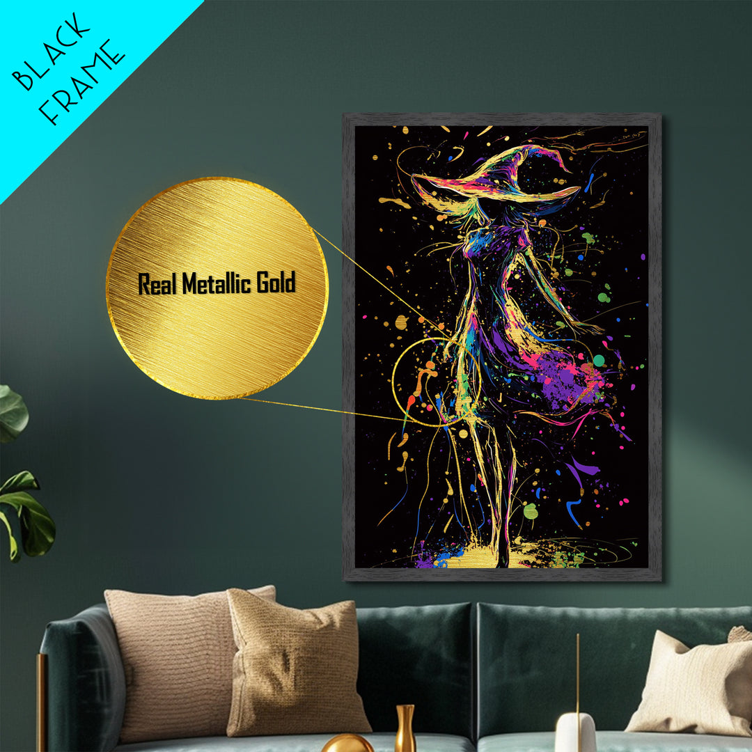 Mystical Witch Silhouette Metallic Gold Art | Spooky Halloween Wall Art | Metal Art with Real Wood Frame