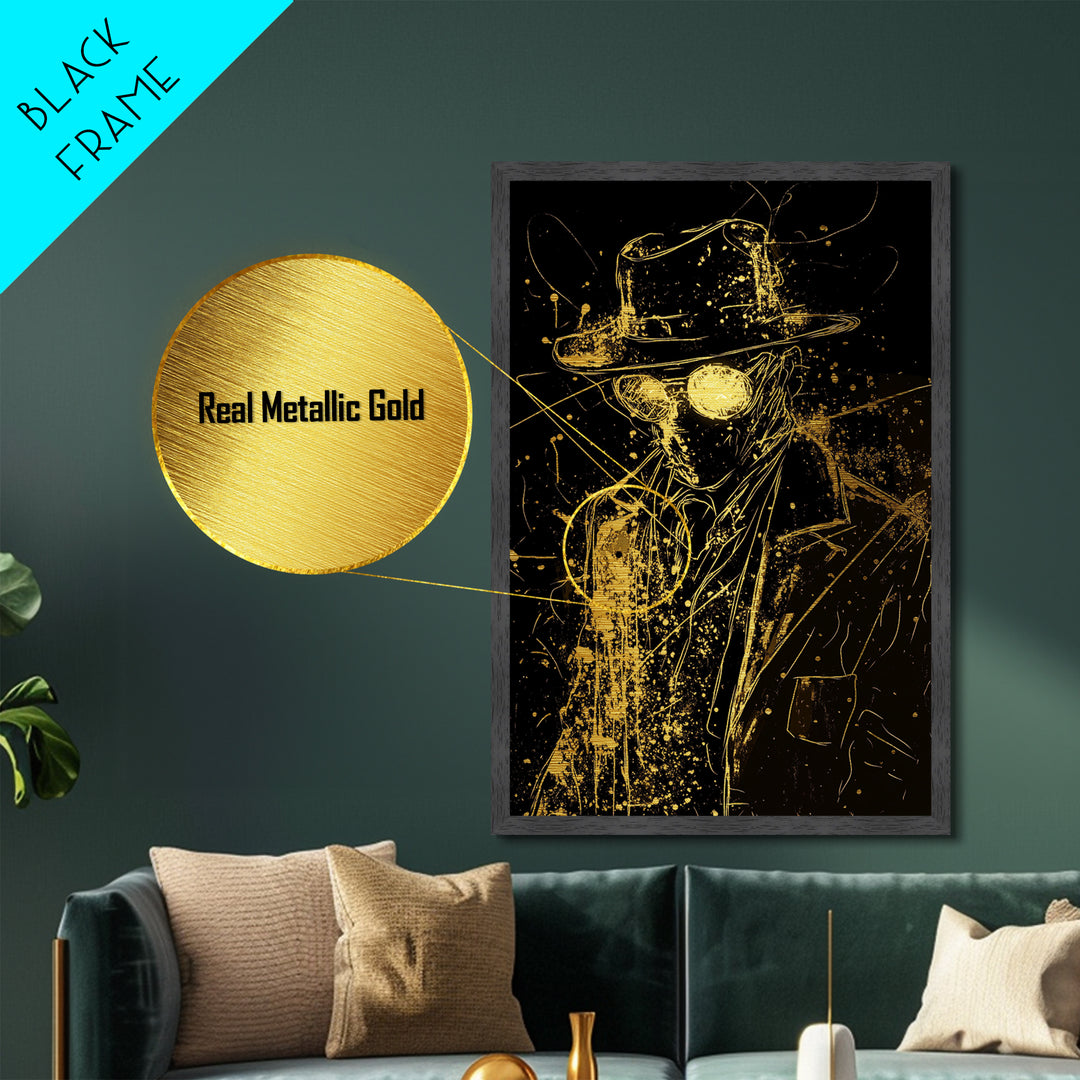 Creepy Gas Mask Gentleman Metallic Gold Art, Halloween Horror Metal Art With Natural Wood Frame, Gothic Spooky Wall Artwork