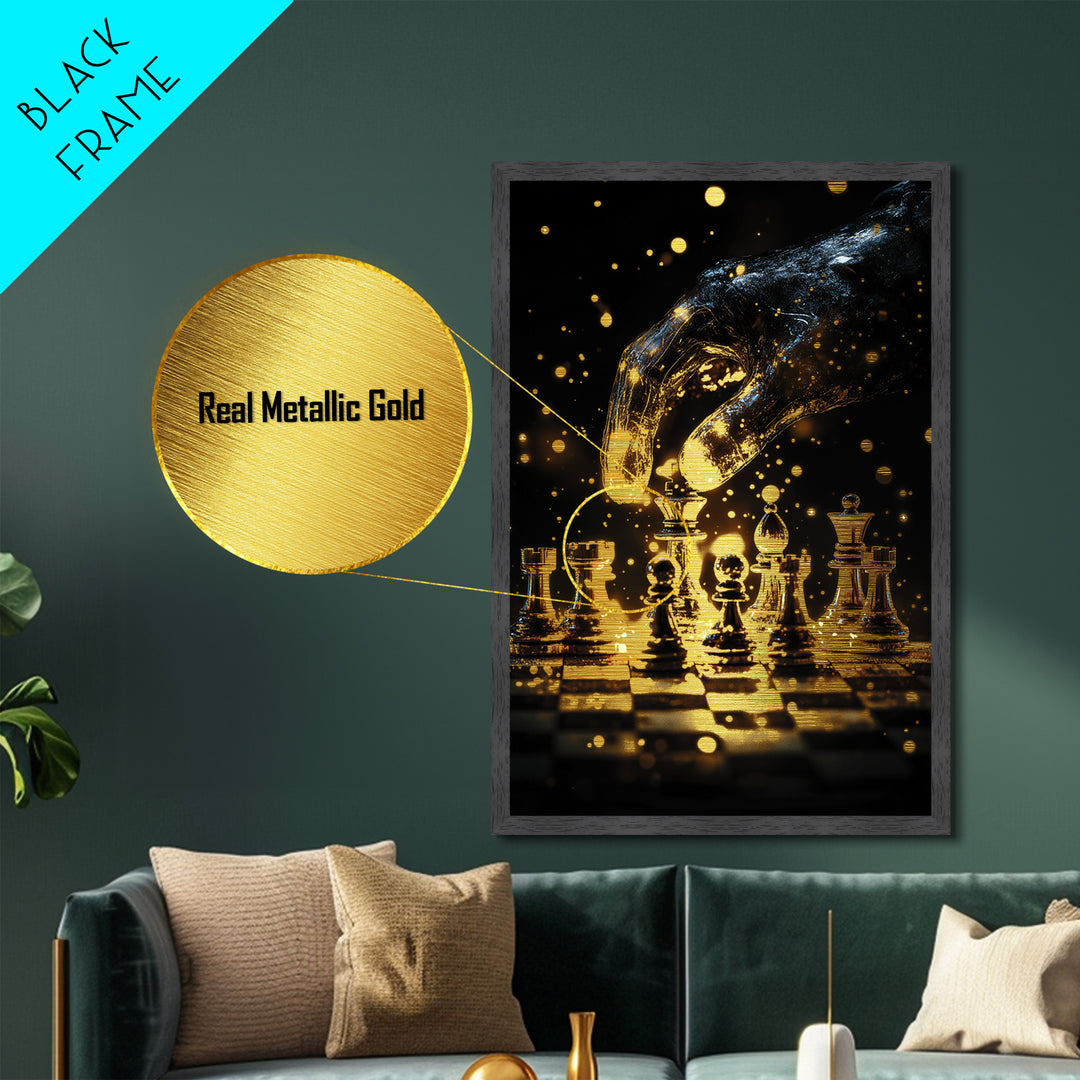 Mystic Chessboard Hand Metallic Gold Art, Haunted Gothic Metal Art With Real Wood Framing, Spooky Halloween Decor For Home