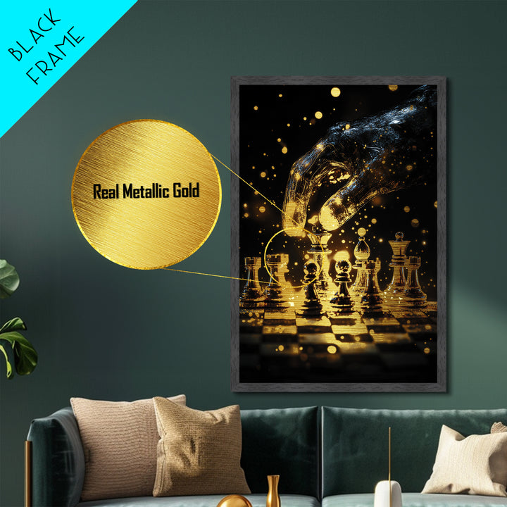 Mystic Chessboard Hand Metallic Gold Art, Haunted Gothic Metal Art With Real Wood Framing, Spooky Halloween Decor For Home
