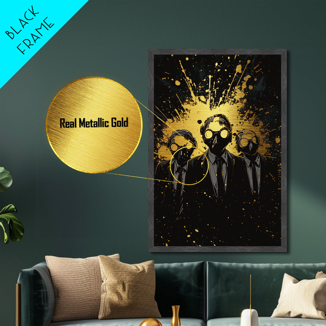 Sinister Trio In Gas Masks Metallic Gold Art, Horror Gothic Metal Art With Real Wood Frame, Creepy Halloween Spooky Wall Art