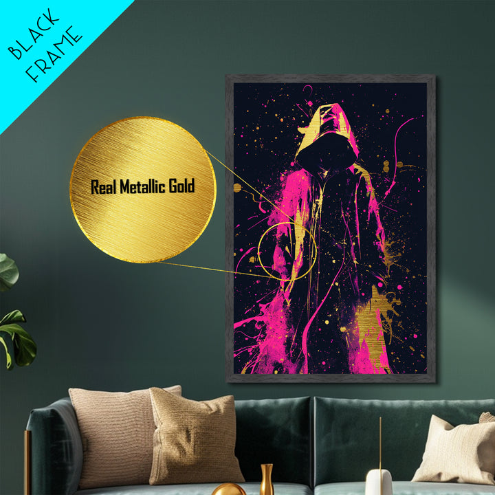 Neon Hooded Phantom Metallic Gold Art, Gothic Spooky Season Metal Art With Real Wood Frame, Haunted Halloween Wall Decoration