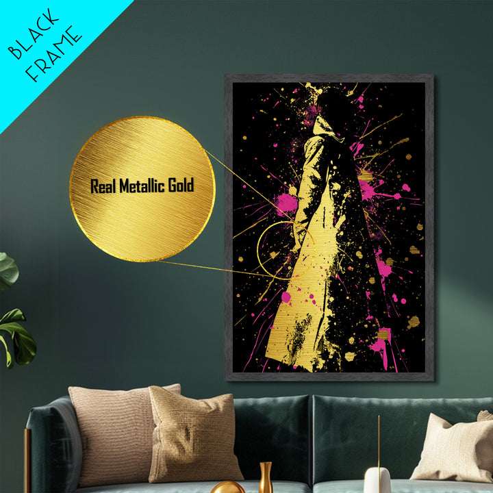 Vivid Cloaked Shadow Metallic Gold Art, Horror Gothic Halloween Metal Art Framed In Real Wood, Creepy Spooky Season Artwork