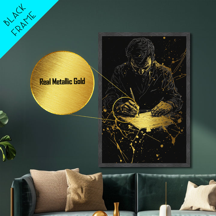 Haunted Writer At Desk Metallic Gold Art, Gothic Horror Halloween Metal Art In Real Wood Frame, Spooky Season Wall Decoration