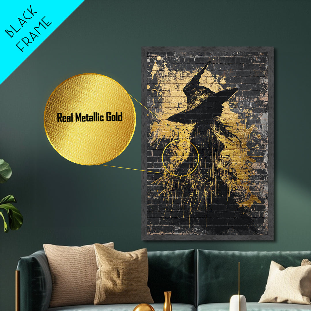 Witch Graffiti Metallic Gold Art | Spooky Halloween Street Style Wall Decor | Metal Art in Real Wood Frame