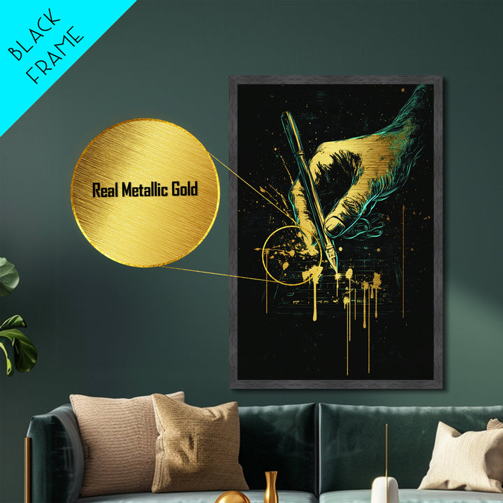 Creepy Hand With Pen Metallic Gold Art, Horror Gothic Halloween Metal Art With Natural Wood Framing, Spooky Haunted Wall Decor