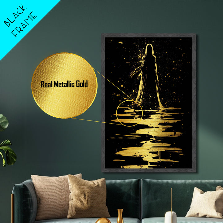 Haunted Silhouette Metallic Gold Art, Spooky Season Wall Decor, Gothic Horror Metal Art Framed in Real Wood