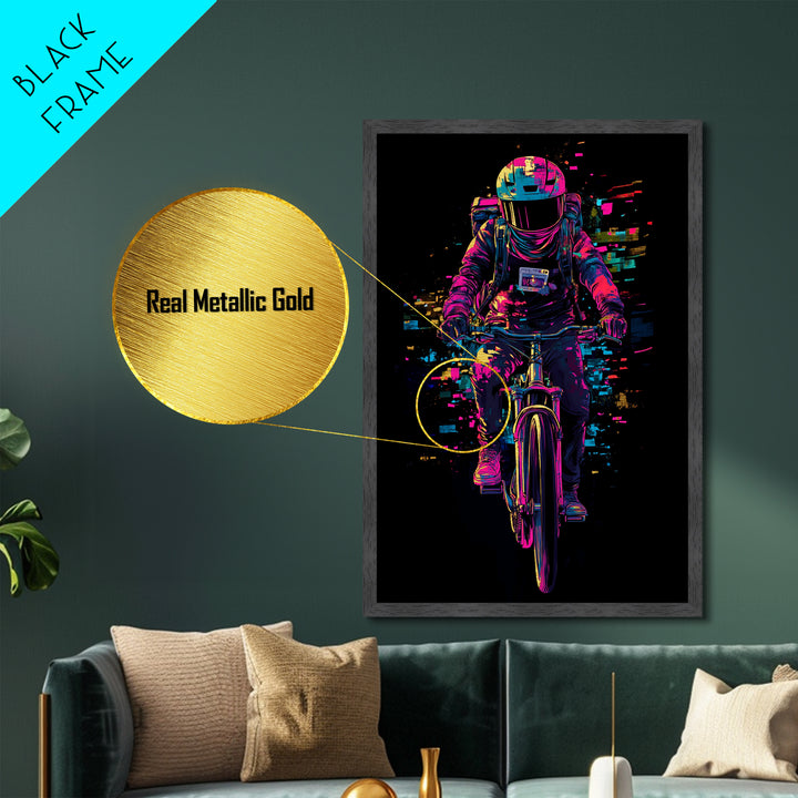 Witchy Rider Metallic Gold Art, Vibrant Spooky Season Metal Art Halloween Bicycle Print in Natural Wood Frame