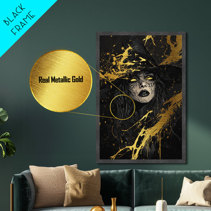 Dark Sorceress Metallic Gold Art, Witchy Halloween Metal Art with Gothic Vibes, Framed in Real Wood