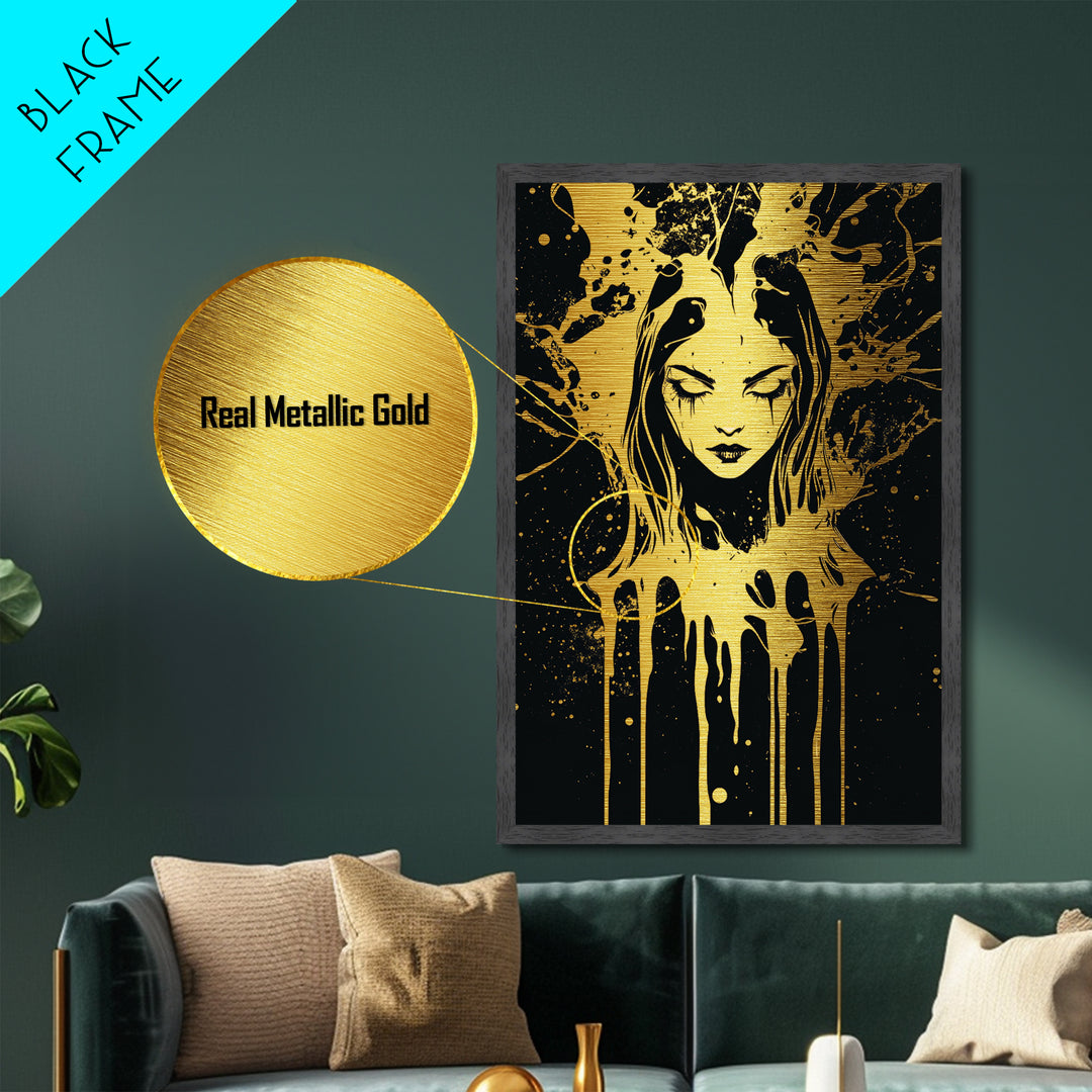 Dripping Phantom Metallic Gold Art, Spooky Season Creepy Horror Portrait, Metal Art with Real Wood Frame
